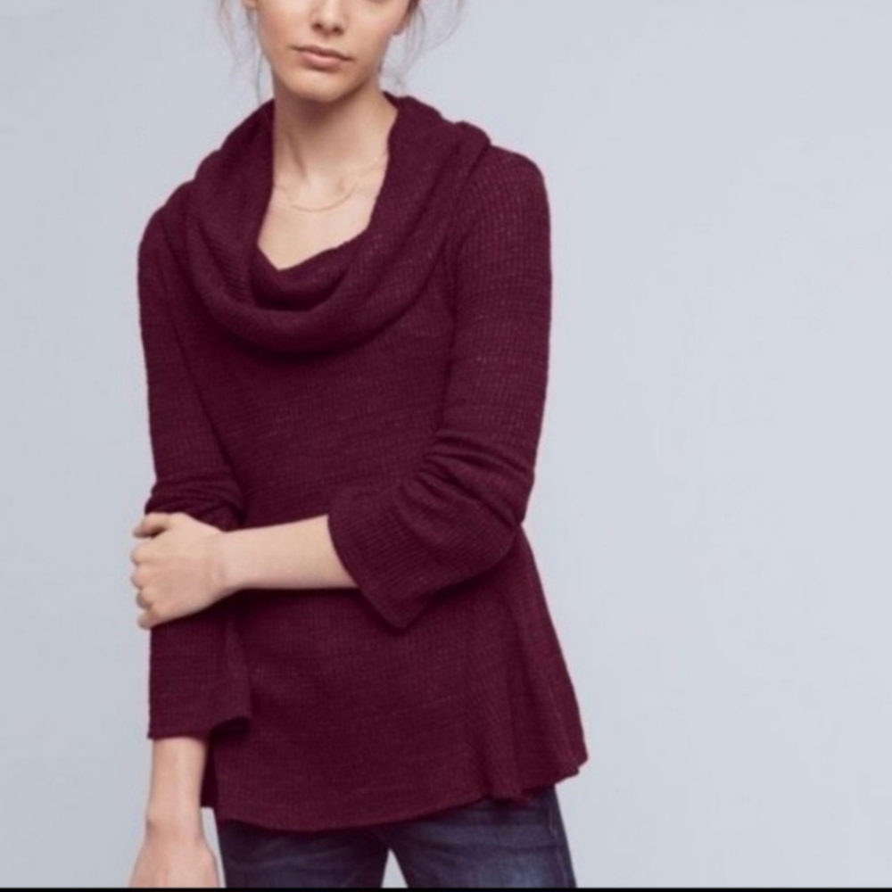 Anthropologie Maeve‎ Burgundy Ribbed Cowl Neck Top Size S Old Money Cozy